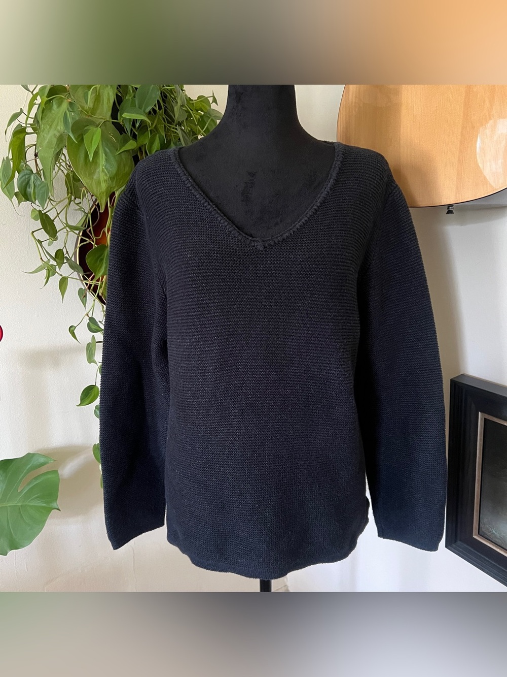 Orvis Cotton Blend V-Neck Dark Blue Gray Knit Sweater, Late 90s, Size Large